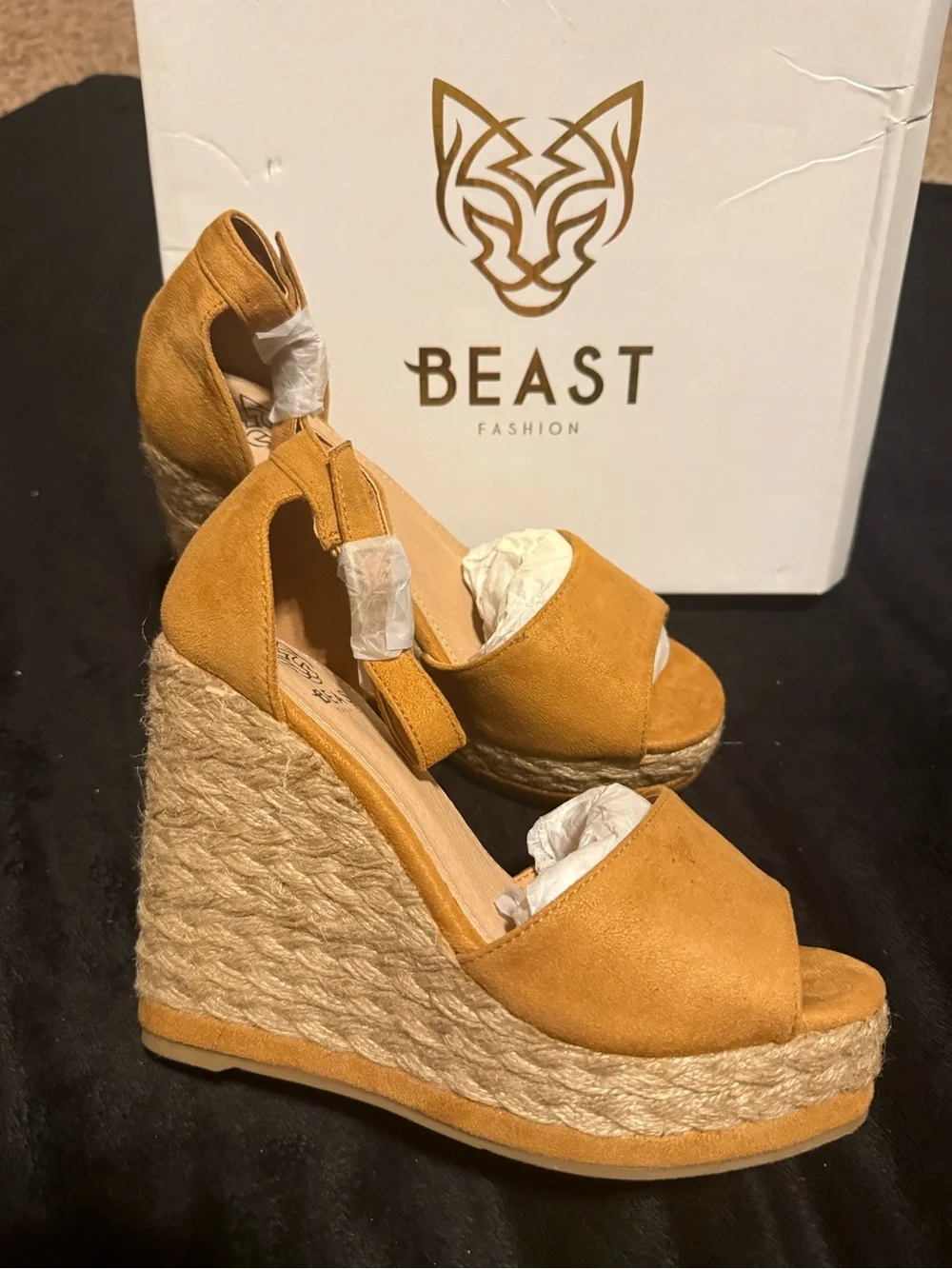 BEAST FASHION Tan Suede Open-Toe Wedge Sandals
